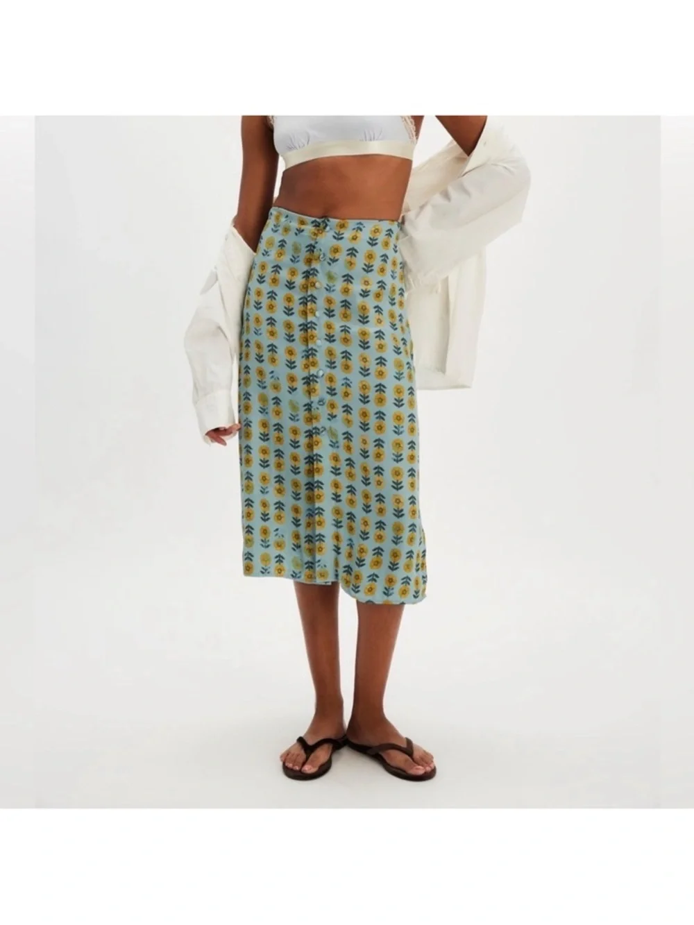 Free People Annalise Midi Skirt in Robbins Egg Combo sz 10 - Picture 3 of 9